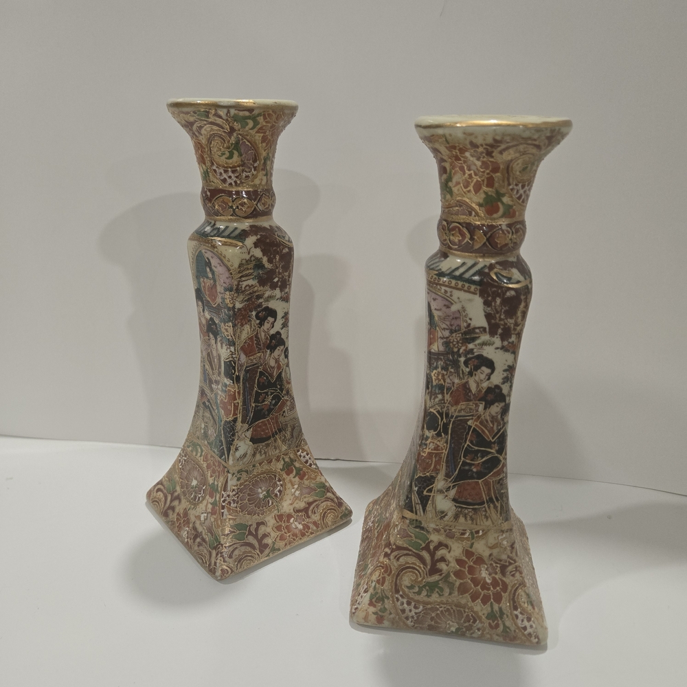 Pair of Vintage Japanese Satsuma-Style Candlestick Holders, 8" Tall
